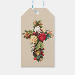 Vintage botanisk kors av rosor religiös konst presentetikett