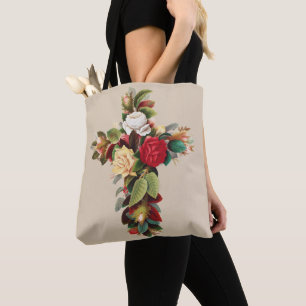 Vintage botanisk kors av rosor religiös konst tygkasse