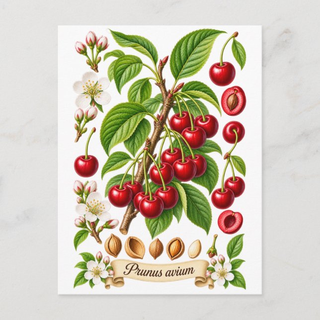 Vintage botanisk körsbärsillustration vykort (Framsida)
