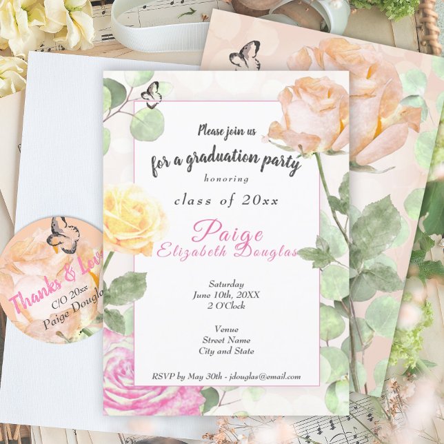 Vintage Botanisk kräftpersika, Rosa Studenten Inbjudningar (floral roses peach pink pastel girls graduation party invitation botanical girlie grad congrats)