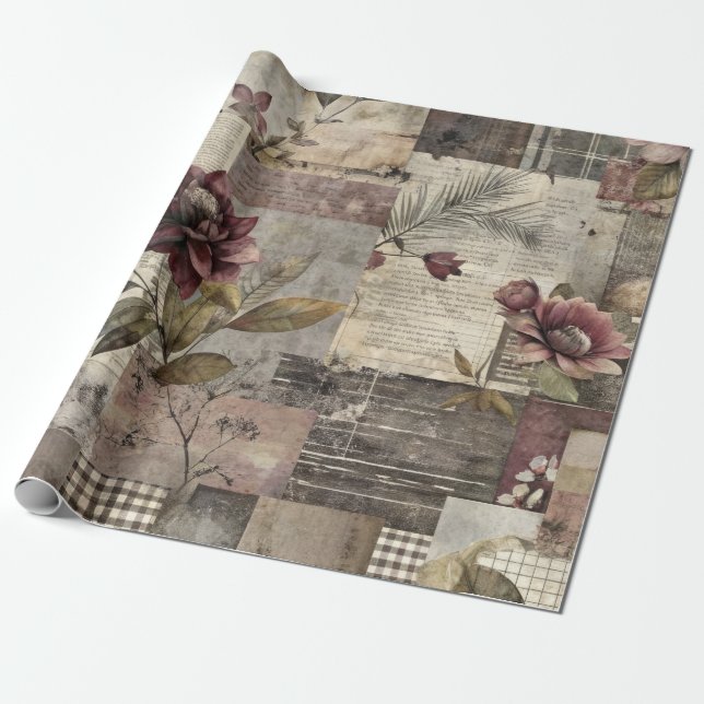 Vintage Botanisk Lappteknik Rustik (1) Presentpapper (Utrullad)