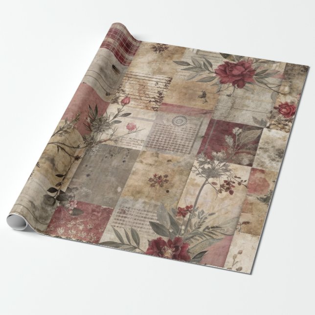 Vintage Botanisk Lappteknik Rustik (3) Presentpapper (Utrullad)