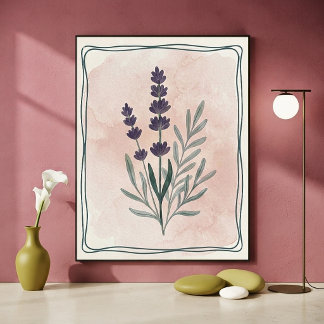 Vintage botanisk lavendel och akvarell rosé poster