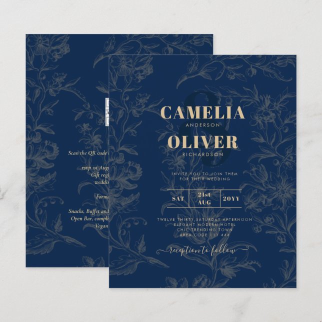 Vintage BOTANISK Marinblå Guld Bröllop (Fram/baksida)