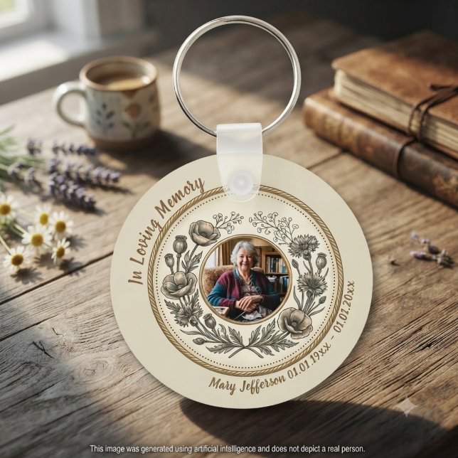 Vintage Botanisk Minnesfirande Livets Firande Nyckelring (Vintage floral photo keychain for a grieving family to wear at a celebration of life service.)
