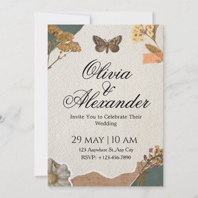 Vintage Botanisk Moth Scrapbook Bröllopsinbjudan Inbjudningar (Framsida)