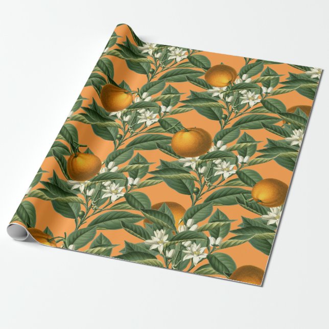 Vintage Botanisk Orange Fruit Blommar Mönster Presentpapper (Utrullad)