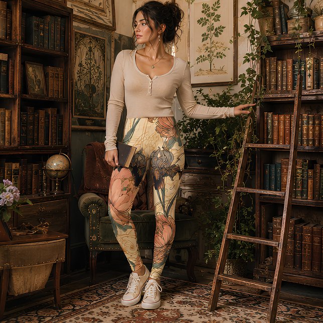 Vintage Botanisk Pion & Iris Art Nouveau Leggings (Skapare uppladdad)