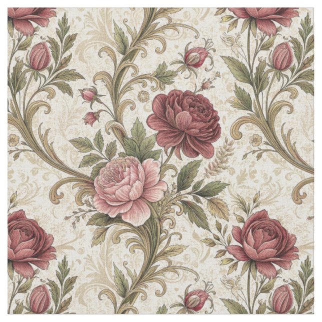 Vintage Botanisk Ros & Damask Blommönster Konst Tyg (Närbild)