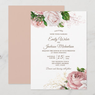 Vintage Botanisk Rosa Blommigt Ro White Bröllop Inbjudningar