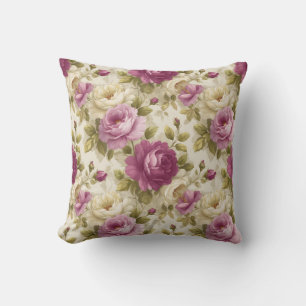 Vintage Botanisk Rustik Rosa & Krämfärgad Blommig Kudde