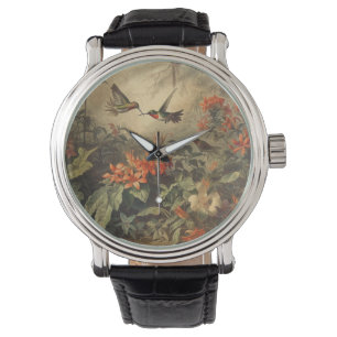 Vintage botanisk scen för hummingbirdes och blommo armbandsur