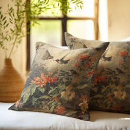 Vintage botanisk scen för hummingbirdes och blommo kudde