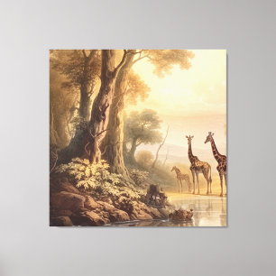 Vintage botanisk scen med giraffer vid floden canvastryck