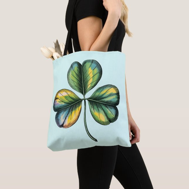 Vintage Botanisk Shamrock Graverad Konst Toteväska Tygkasse (Närbild)