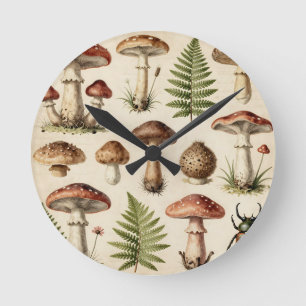 Vintage botanisk svamp ormbunks collage rund klocka