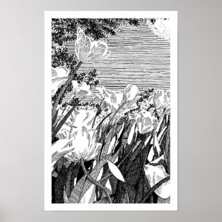 Vintage botanisk tulpåker linjekonst ritning poster