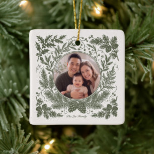 Vintage Botanisk Två Foto Familj - Grön Julgransprydnad Keramik
