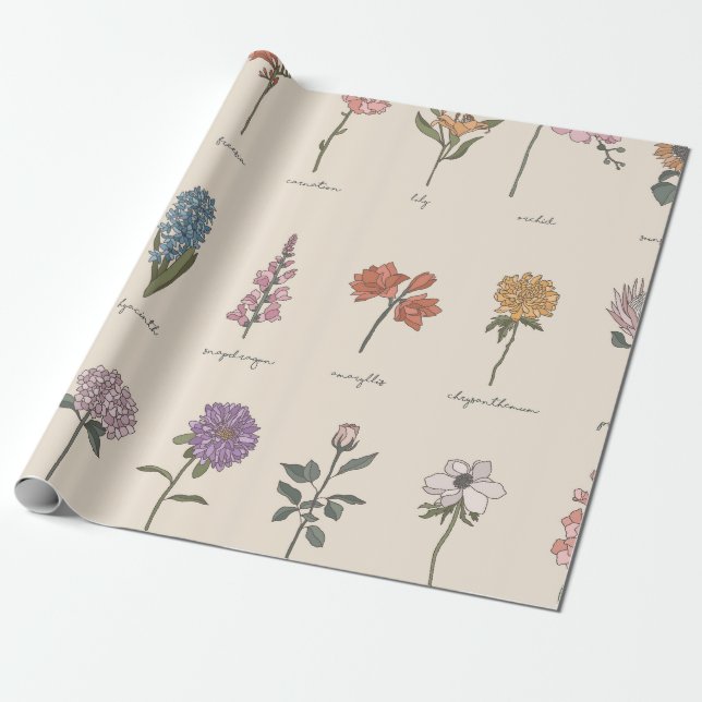 Vintage botanisk vildblomsdiagram presentpapper (Utrullad)