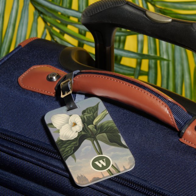 Vintage botanisk vit Trillium-monograminitial Bagagebricka (Framsida Insitu 1)