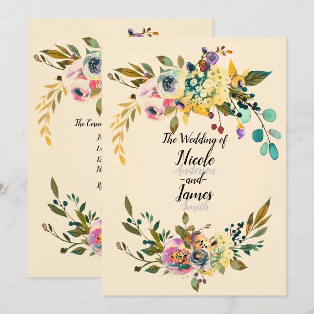Vintage Botaniska Blommiga Löv Krämbröllop Inbjudningar (Fram/baksida)