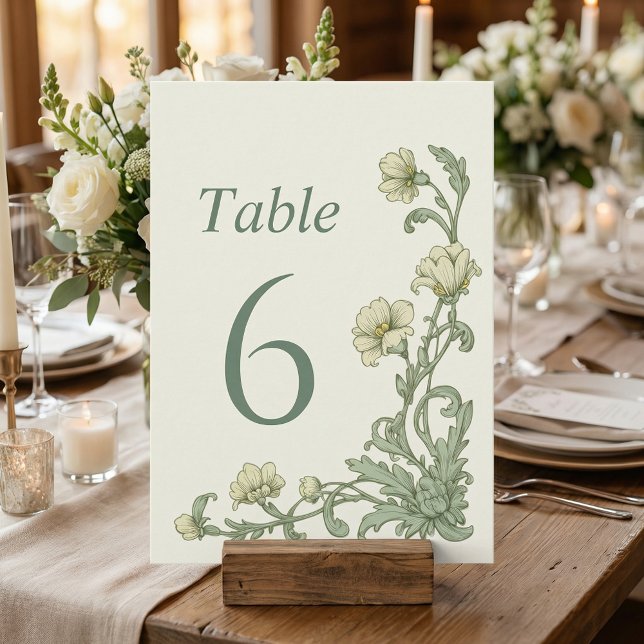 Vintage Botaniska Blommiga Sälggröna Bordskort (Vintage Botanical Floral Sage Green Table Numbers.)