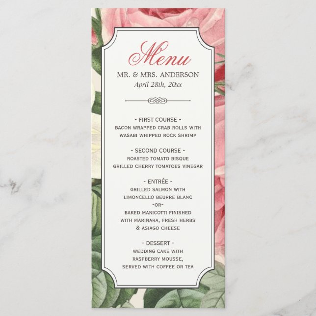 Vintage Botaniska Blommigten Elegant bröllop Menu Meny (Framsida)