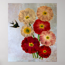 Vintage botaniska blommor svala fåglar rustik blå poster
