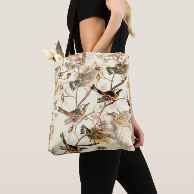 Vintage Botaniska Fåglar och Vilda Bär Elegant  Tygkasse (Närbild)