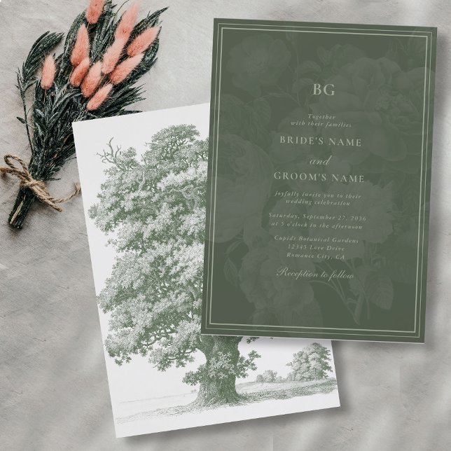 Vintage Botaniska Grönten Garden Party Bröllop Tem Inbjudningar (Vintage Botanical Green Garden Party Wedding Theme Invitation)