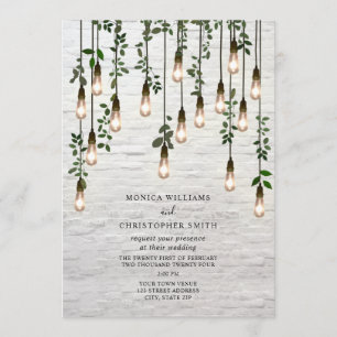 Vintage Botaniska ljusglödlampor Vit Brick Bröllop Inbjudningar