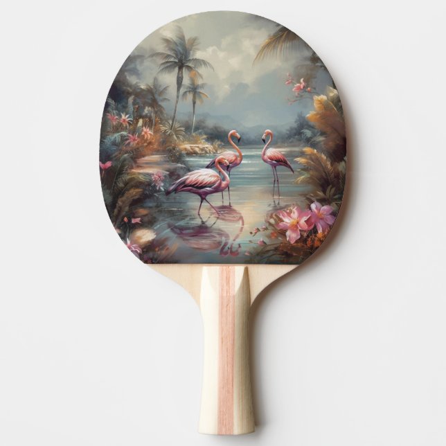 Vintage botaniska målningsflamingor och blommor pingisracket (Framsidan)