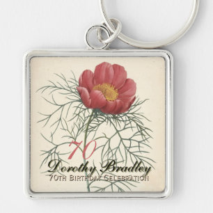 Vintage Botaniska peony 70:e födelsedagen MSqK Fyrkantig Silverfärgad Nyckelring