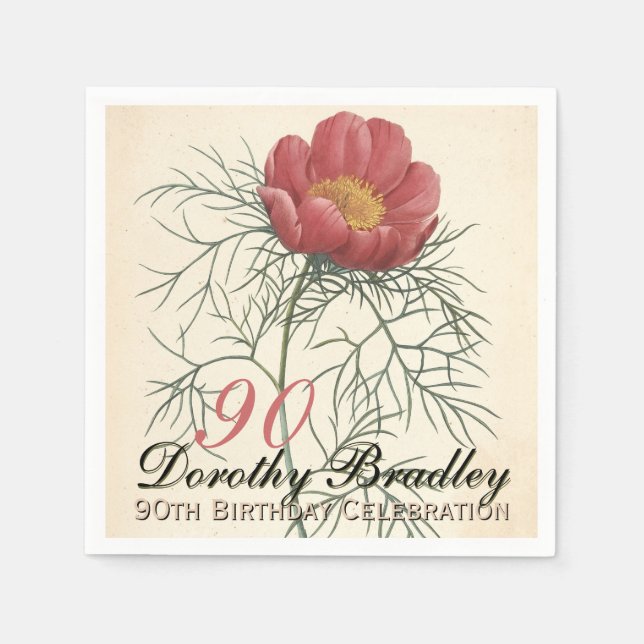 Vintage Botaniska Peony 90:e Födelsedagsfest PPN Pappersservett (Framsidan)