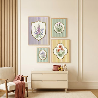 Vintage botaniska röda vallmo och ormbunke gula rä poster