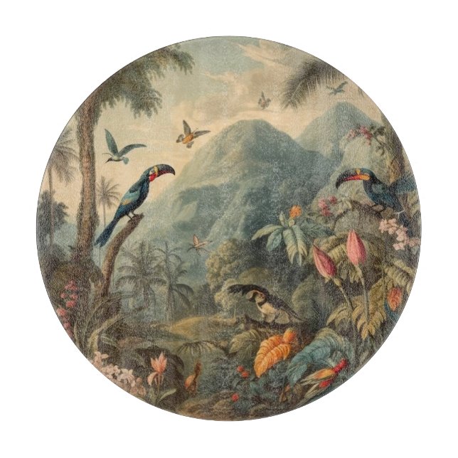Vintage botaniska scen av tukaner och blommor (Framsidan)