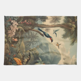 Vintage botaniska scen av tukaner och blommor kökshandduk