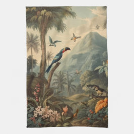 Vintage botaniska scen av tukaner och blommor kökshandduk