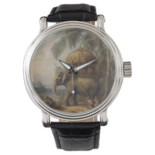 Vintage botaniska scen elefant med howdah också armbandsur