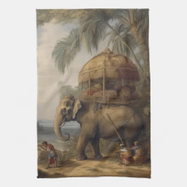 Vintage botaniska scen elefant med howdah också kökshandduk
