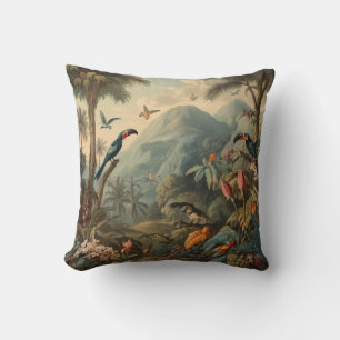Vintage botaniska scenen Toucans och blommor Kudde
