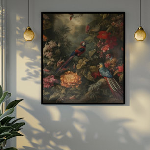Vintage botaniska scenfåglar blommor i paradiset canvastryck