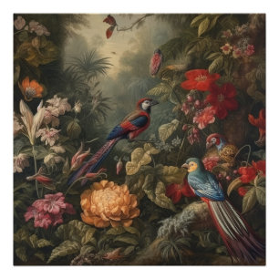 Vintage botaniska scenfåglar blommor i paradiset fototryck