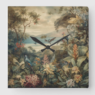 Vintage botaniska scenfåglar blommor i paradiset fyrkantig klocka
