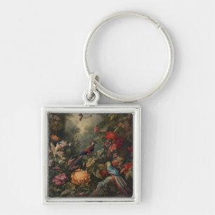 Vintage botaniska scenfåglar blommor i paradiset fyrkantig silverfärgad nyckelring