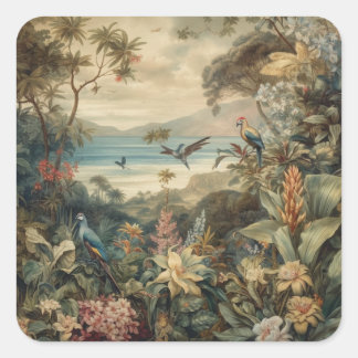 Vintage botaniska scenfåglar blommor i paradiset fyrkantigt klistermärke