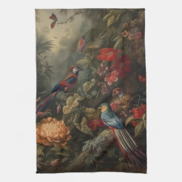 Vintage botaniska scenfåglar blommor i paradiset kökshandduk