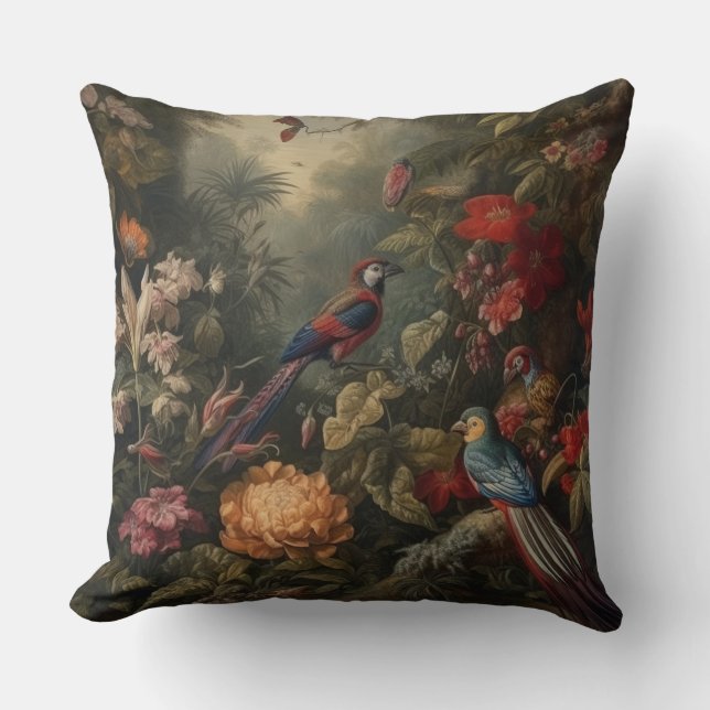Vintage botaniska scenfåglar blommor i paradiset kudde (Framsida)