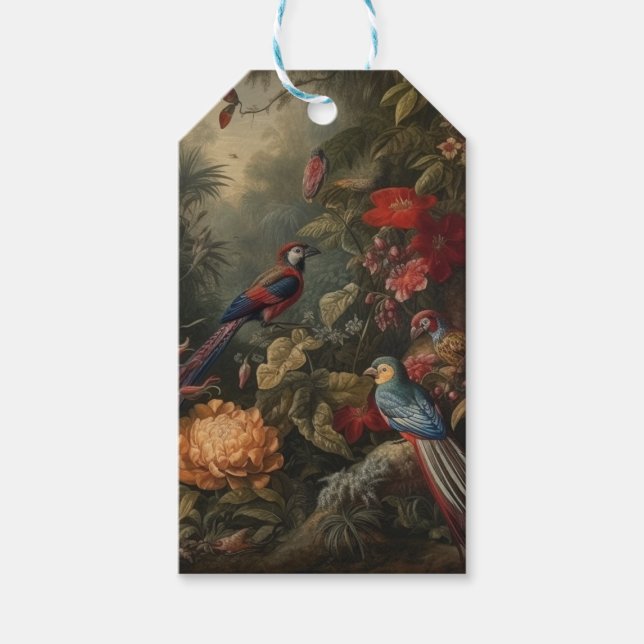Vintage botaniska scenfåglar blommor i paradiset presentetikett (Framsidan)