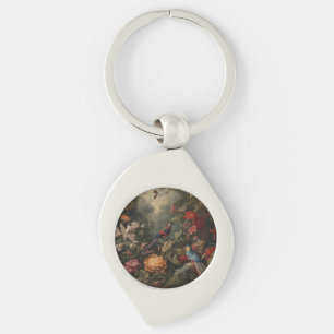 Vintage botaniska scenfåglar blommor i paradiset swirl silverfärgad nyckelring